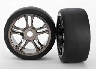 Traxxas Tires & wheels, assembled, glued (split-spoke, black chrome wheels, slick tires (S1 compound), foam inserts) (front) (2)