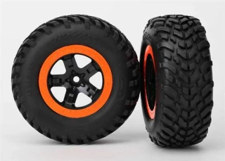 Traxxas Tires & wheels, assembled, glued (SCT black, orange beadlock wheels, dual profile (2.2' outer, 3.0' inner), SCT off-road racing tire, foam inserts) (2) (4WD f/r, 2WD rear) (TSM rated)