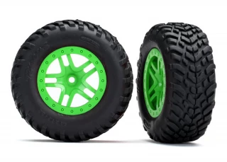 Traxxas SCT Tires on Split-Spoke Green Wheels for Slash 4WD F/R & 2WD Rear