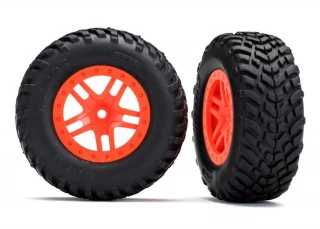 Traxxas SCT Tires on Split-Spoke Orange Wheels for Slash 4WD F/R & 2WD Rear