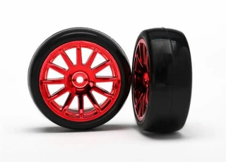 Traxxas Tires & wheels, assembled, glued (12-spoke red chrome wheels, slick tires) (2)