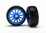 Traxxas Tires & wheels, assembled, glued (12-spoke blue chrome wheels, slick tires) (2)