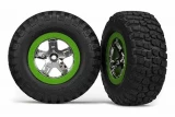 Traxxas Tires & wheels, assembled, glued (SCT, chrome, green beadlock wheel, BFGoodrich Mud-Terrain KM2 tire, foam inserts) (2) (2WD front only)