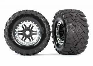 Traxxas Maxx MT Tires on Black Wheels with Satin Chrome Beadlock Look & 17mm Splined Hex (2)