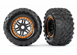 Traxxas Maxx MT Tires on Black Wheels with Orange Beadlock Look & 17mm Splined Hex (2)