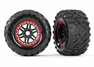 Traxxas Maxx MT Tires on Black Wheels with Red Beadlock Look & 17mm Splined Hex (2)