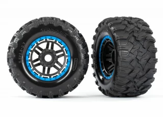 Traxxas Maxx MT Tires on Black Wheels with Blue Beadlock Look & 17mm Splined Hex (2)